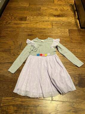 Hanna Andersson Girls Tulle Dress Gray Purple Long Sleeve Crochet Flower Accents